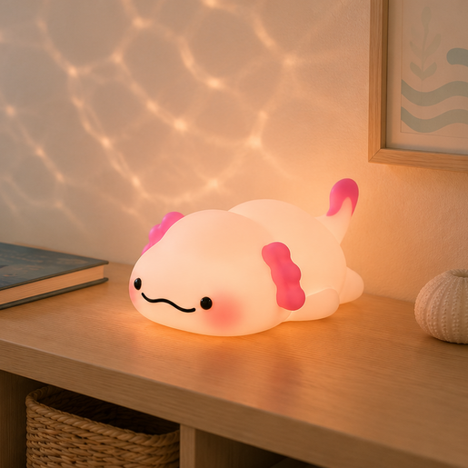 Lit pink axolotl nightlight projecting a gentle warm glow onto a bedroom wall