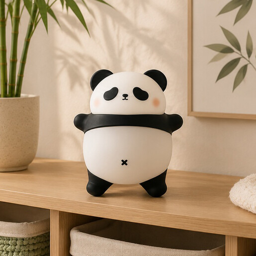 Freestanding silicone panda nightlight sitting on a light wooden shelf