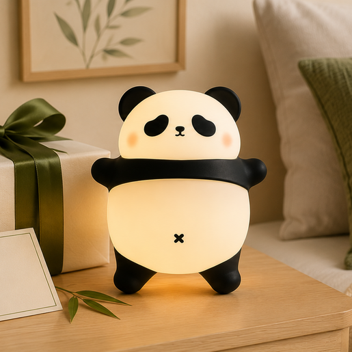 Glowing panda nightlight on a bedside table beside a wrapped gift box
