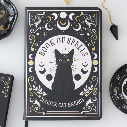Black Cat Magick Book of Spells A5 notebook cover with celestial detailing
