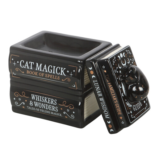 Black cat spell book oil burner with removable lid and wax dish
