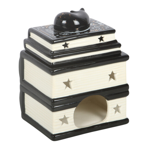Back of black cat book stack oil burner with tealight opening
