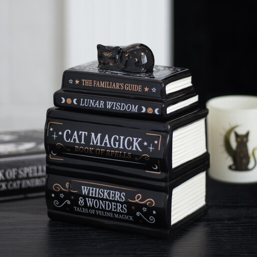 Black ceramic book stack oil burner with sleeping cat on top