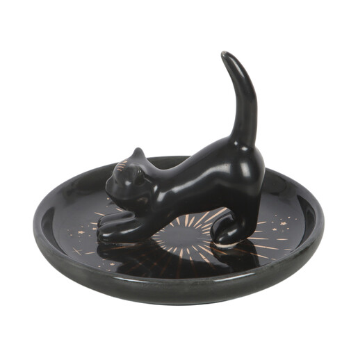 Glossy black ceramic cat trinket dish with gold starburst pattern and ring holder tail