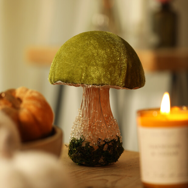 Green Velvet Standing Toadstool Decoration