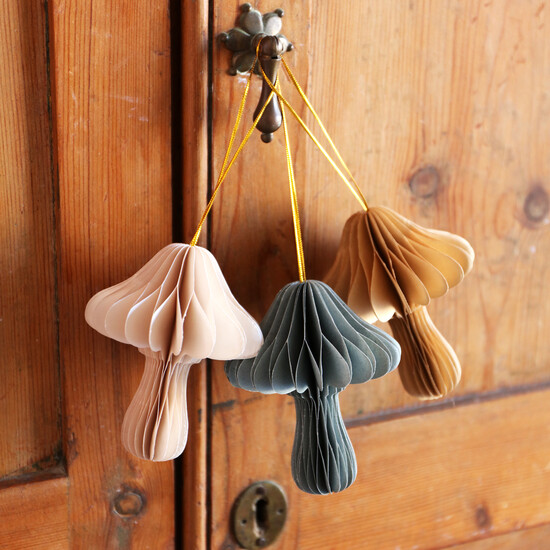 Set of 3 Neutral Paper Toadstool Hanging Decorations