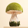 A Green Fabric Free-Standing Mushroom Ornament with Woodland Moss Details and a Soft Green Velvet Top
