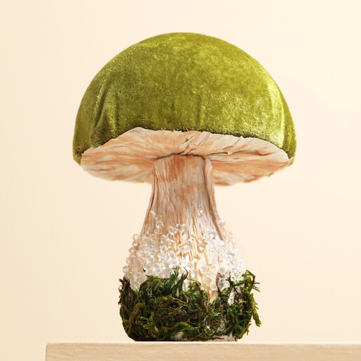 A Green Fabric Free-Standing Mushroom Ornament with Woodland Moss Details and a Soft Green Velvet Top