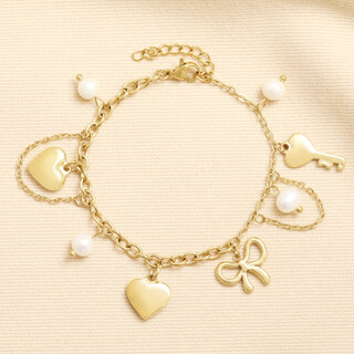Stainless Steel Heart Locket and Pearl Chunky Charm Bracelet in Gold
