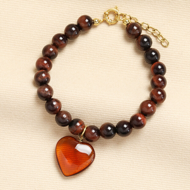 Brown Semi Precious Heart Charm Beaded Bracelet in Gold