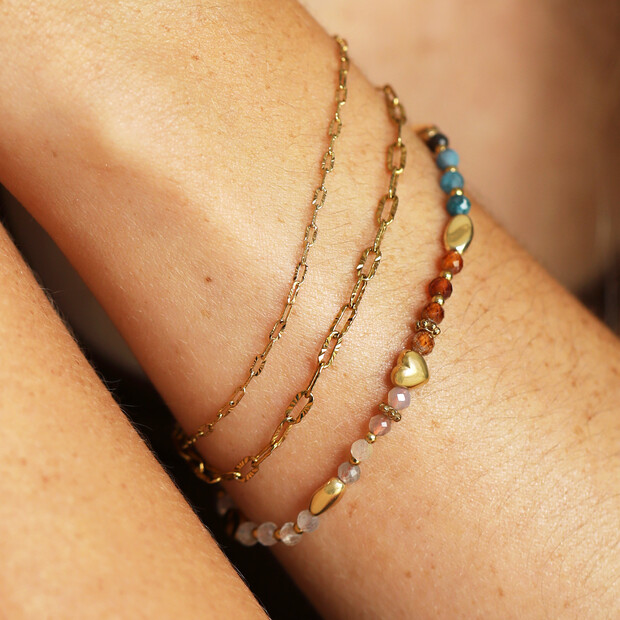 Earthy Semi Precious Double Layer Beaded Heart Bracelet in Gold