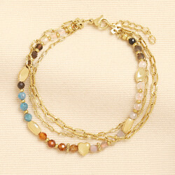 Earthy Semi Precious Double Layer Beaded Heart Bracelet in Gold