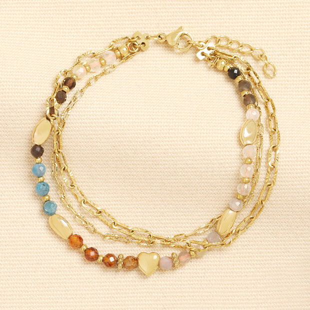 Earthy Semi Precious Double Layer Beaded Heart Bracelet in Gold