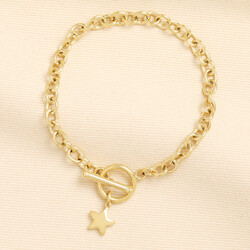 Stainless Steel Chunky T-Bar Star Charm Bracelet in Gold