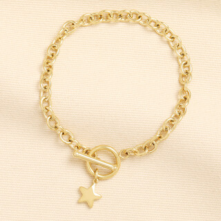 Stainless Steel Chunky T-Bar Star Charm Bracelet in Gold