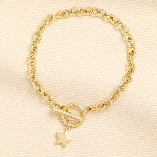 Stainless Steel Chunky T-Bar Star Charm Bracelet in Gold