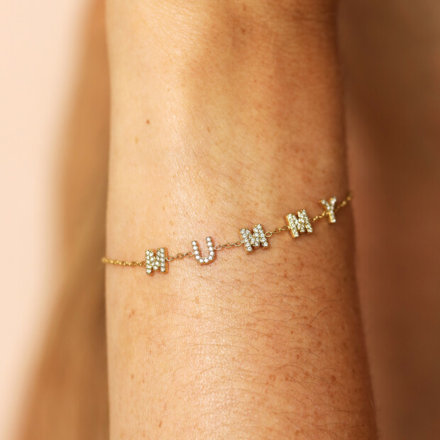 Stainless Steel Crystal Mummy Charm Bracelet in Gold