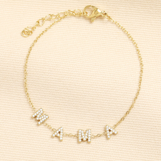 Gold stainless steel bracelet featuring crystal M A M A charms on a chain.