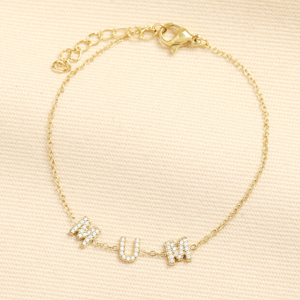 Stainless Steel Crystal Mum Charm Bracelet in Gold
