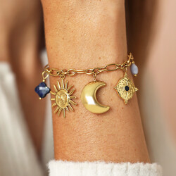 Stainless Steel Moon and Star Charm Bracelet in Gold