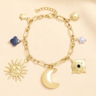 Stainless Steel Moon and Star Charm Bracelet in Gold