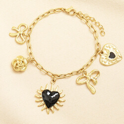 Stainless Steel Chunky Bow and Heart Charm Bracelet in Gold
