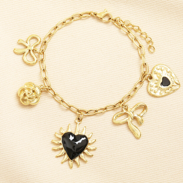 Stainless Steel Chunky Bow and Heart Charm Bracelet in Gold