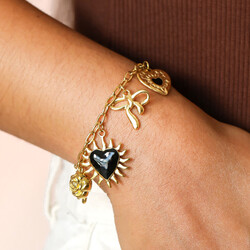 Stainless Steel Chunky Bow and Heart Charm Bracelet in Gold