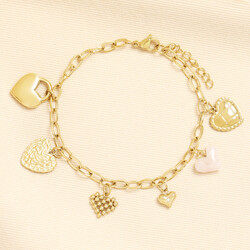 Stainless Steel Multi Heart Charm Bracelet in Gold