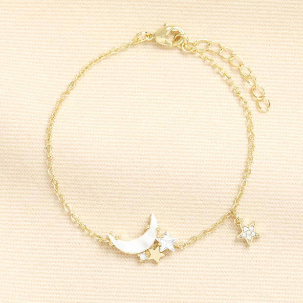 Mother of Pearl Moon & Star Charm Bracelet in Gold