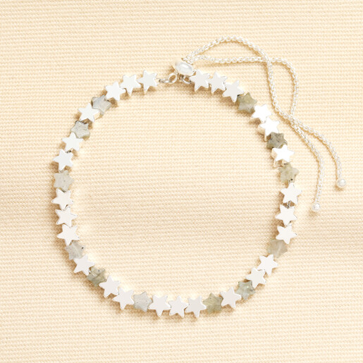 Semi precious grey stone and silver star charm beaded bracelet with adjustable slider