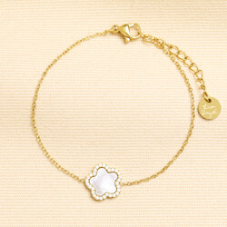 Stainless Steel Mother of Pearl Flower Crystal Charm Bracelet in Gold