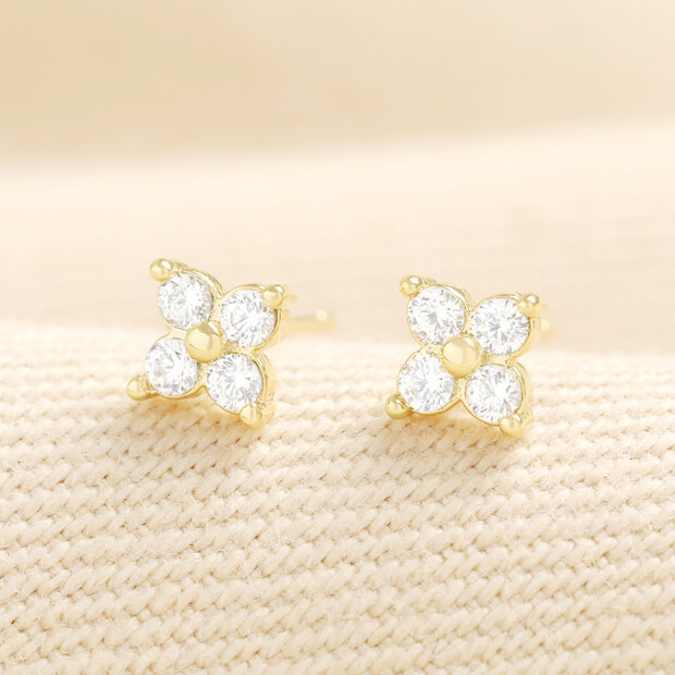 Crystal Clover Stud Earrings with Clutch Backs in Gold
