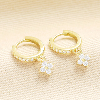 Crystal Clover Charm Huggie Hoop Earrings in Gold