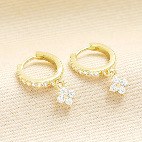 Crystal Clover Charm Huggie Hoop Earrings in Gold
