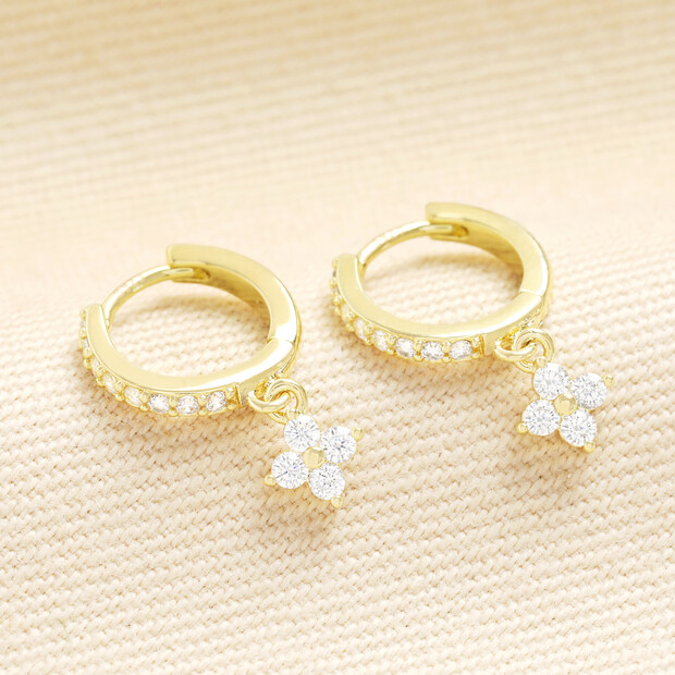 Crystal Clover Charm Huggie Hoop Earrings in Gold