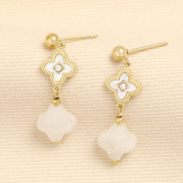 Semi Precious Clover Drop Earrings in Gold