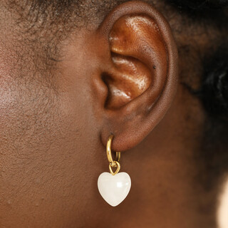 Semi Precious White Jade Heart Charm Hoop Earrings in Gold