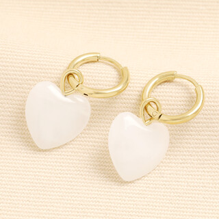 Semi Precious White Jade Heart Charm Hoop Earrings in Gold