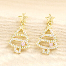 Crystal Pink Bauble Christmas Tree Drop Earrings in Gold