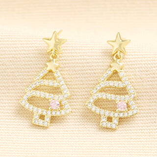 Crystal Pink Bauble Christmas Tree Earrings in Gold