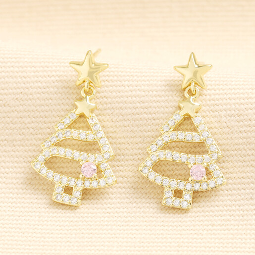 Gold openwork Christmas tree drop earrings with clear crystals and a pink bauble