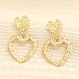 Stainless Steel Hammered Double Heart Drop Earrings in Gold