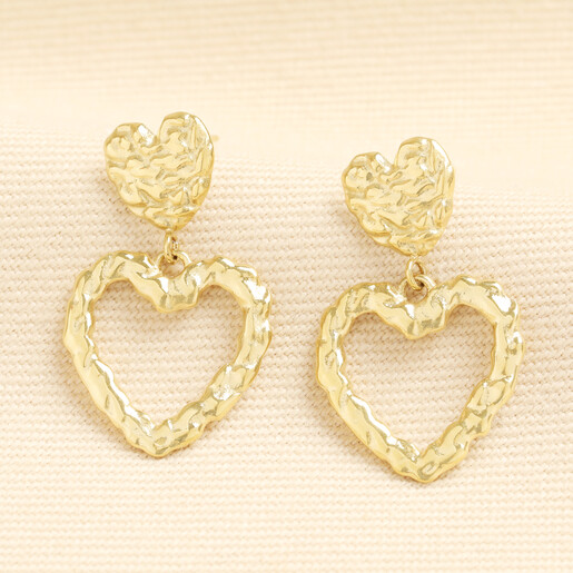 Pair of gold stainless steel double heart drop earrings with textured finish
