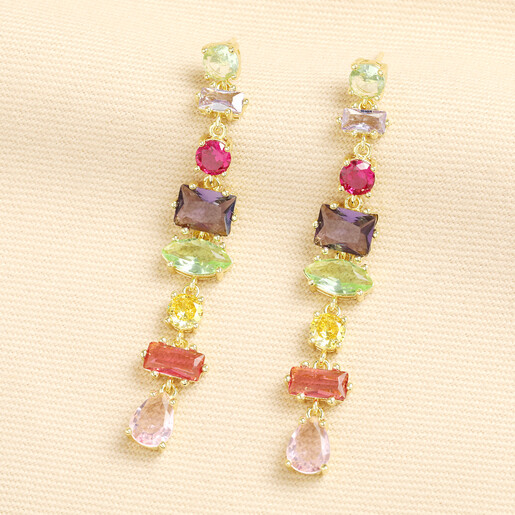 Pair of gold drop earrings featuring a rainbow arrangement of colourful crystal stones