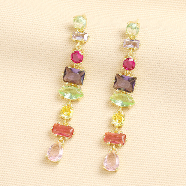 Rainbow Crystal Drop Earrings in Gold