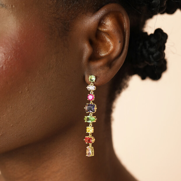 Rainbow Crystal Drop Earrings in Gold