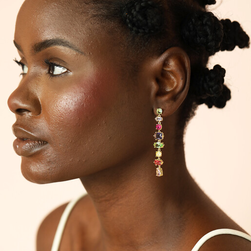 model shot of drop earrings in rainbow