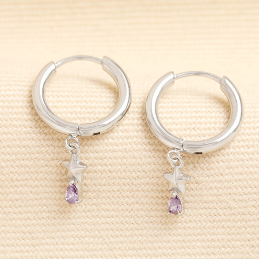 Silver stainless steel huggie hoop earrings with star charms and dangling teardrop lilac crystals