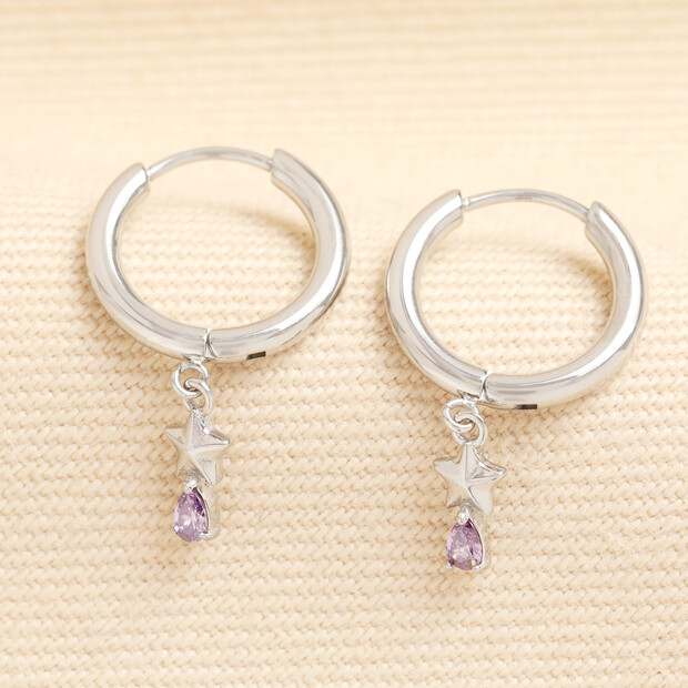 Stainless Steel Lilac Crystal and Star Charm Huggie Hoop Earring in Silver